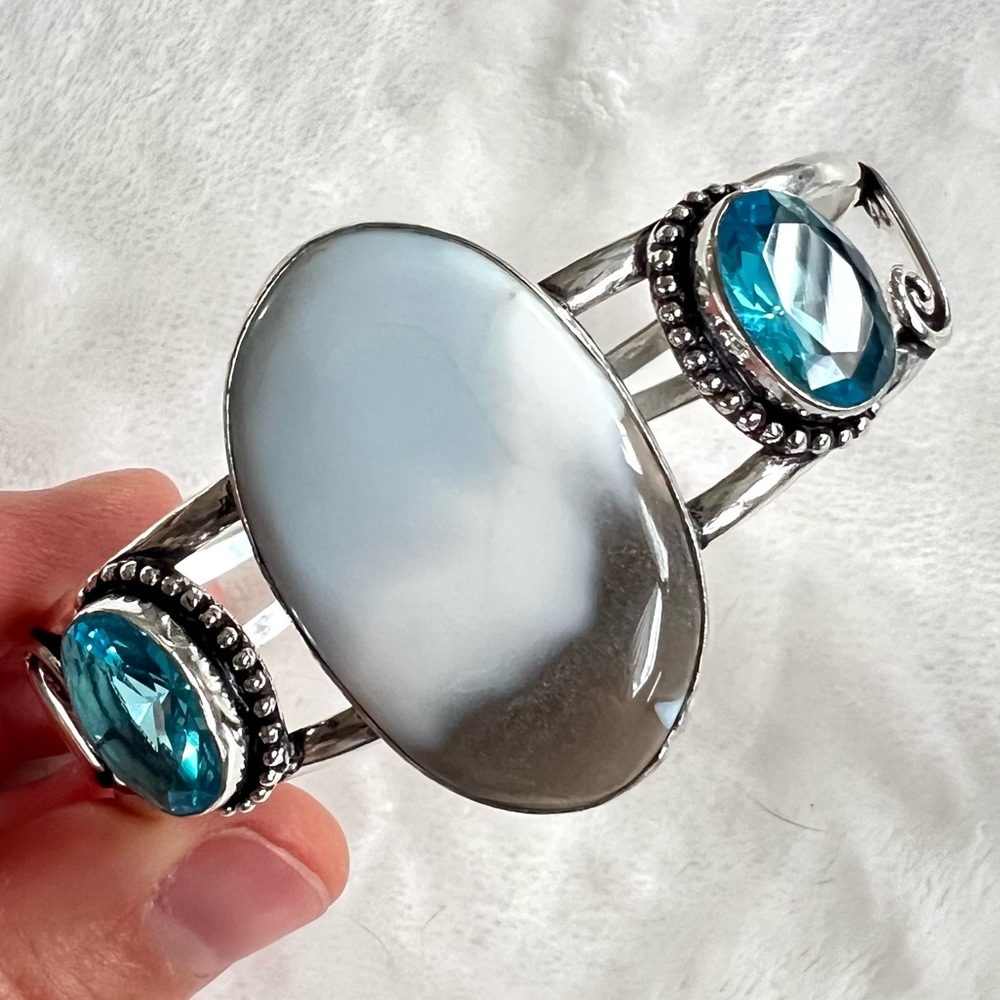 925 Owyhee Opal + Swiss Blue Topaz Cuff Bracelet - Picture 8 of 10